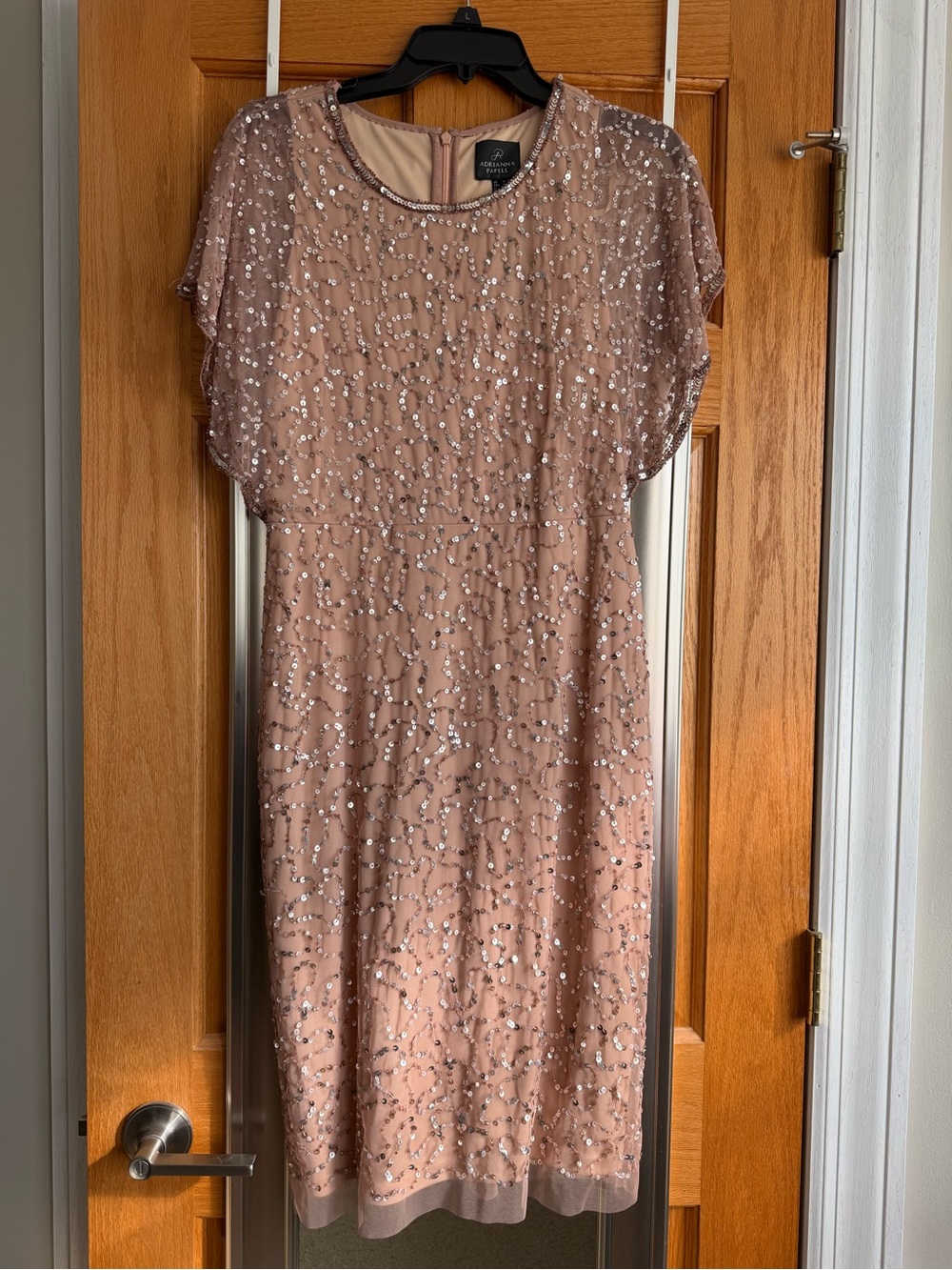 Adrianna Papell Beaded Sheath Dress - Short with Scalloped Flutter Sleeves